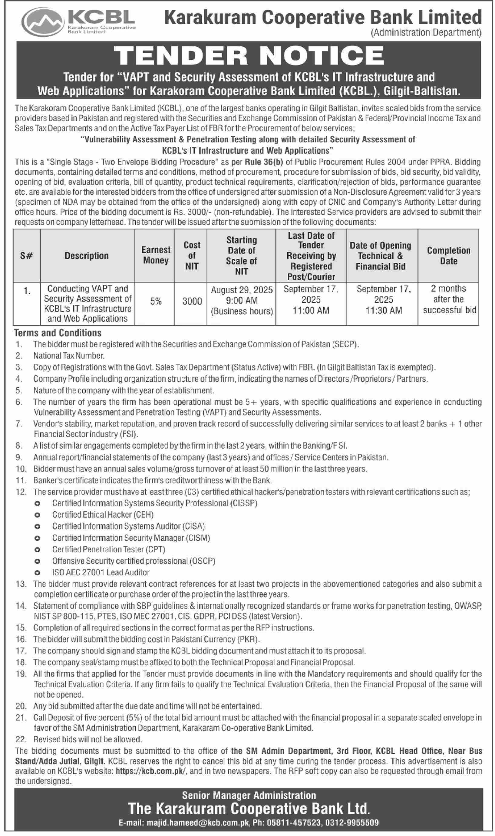 Karakuram Cooperative Bank Limited Gilgit Tender Notice-1
